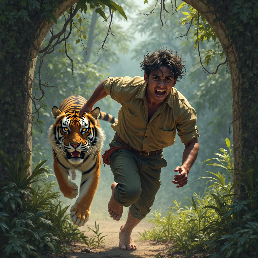 an Indonesian man, wearing a yellow checked sarong, running after the rooster while wielding a sharp, shiny knife, Siamese trying to fly while riding a zebra cat.. beautiful rice field background with a waterfall... real