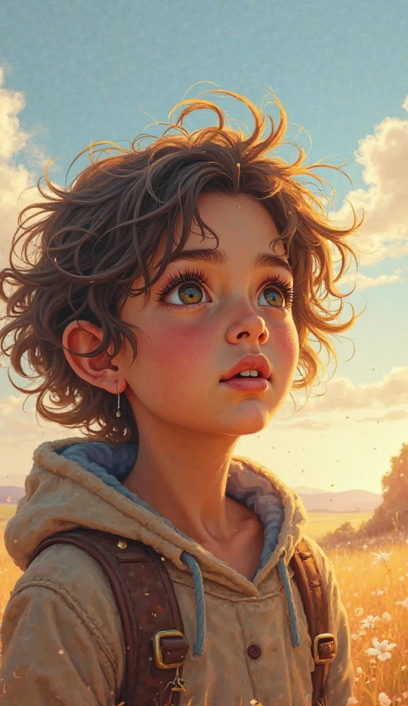 a young boy looking up at the blue sky with sad expression, white fluffy clouds, cityscape in background, lush green grass, Ghibli-esque atmosphere, beautiful detailed eyes, beautiful detailed lips, extremely detailed face, longeyelashes, emotional, cinematic lighting, warm color tones, muted palette, masterpiece, photorealistic, 8k, award winning photo