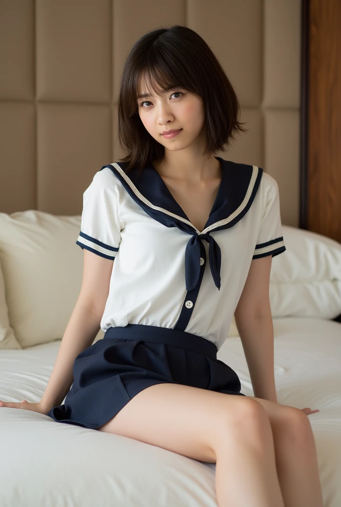 (Super reality:1.2), (digital art, digital illustration, 4k, 8k, Super detailed, beautiful images, clear image, (realistic), (RAW photo:1.3), perfect face, perfect lines, perfect eyes, Accurate body shape, dark lighting) , 1 Japanese cute girl after school, solo, school uniform, (sailor suit, serafuku:1.3), (short cut hair style:1.3), Beautiful face, amateur girl, sexy gyaru:1.3, ((showing panties)), so japanese young Idol, full chest, slim body style, (Inside the hotel, American size bed room, Antique furniture), Precise arms, precise hands and fingers, Beautiful hands and fingers, small smile, Beautiful thighs, (cowgirl position, open legs, on bed), sexy pose, POV