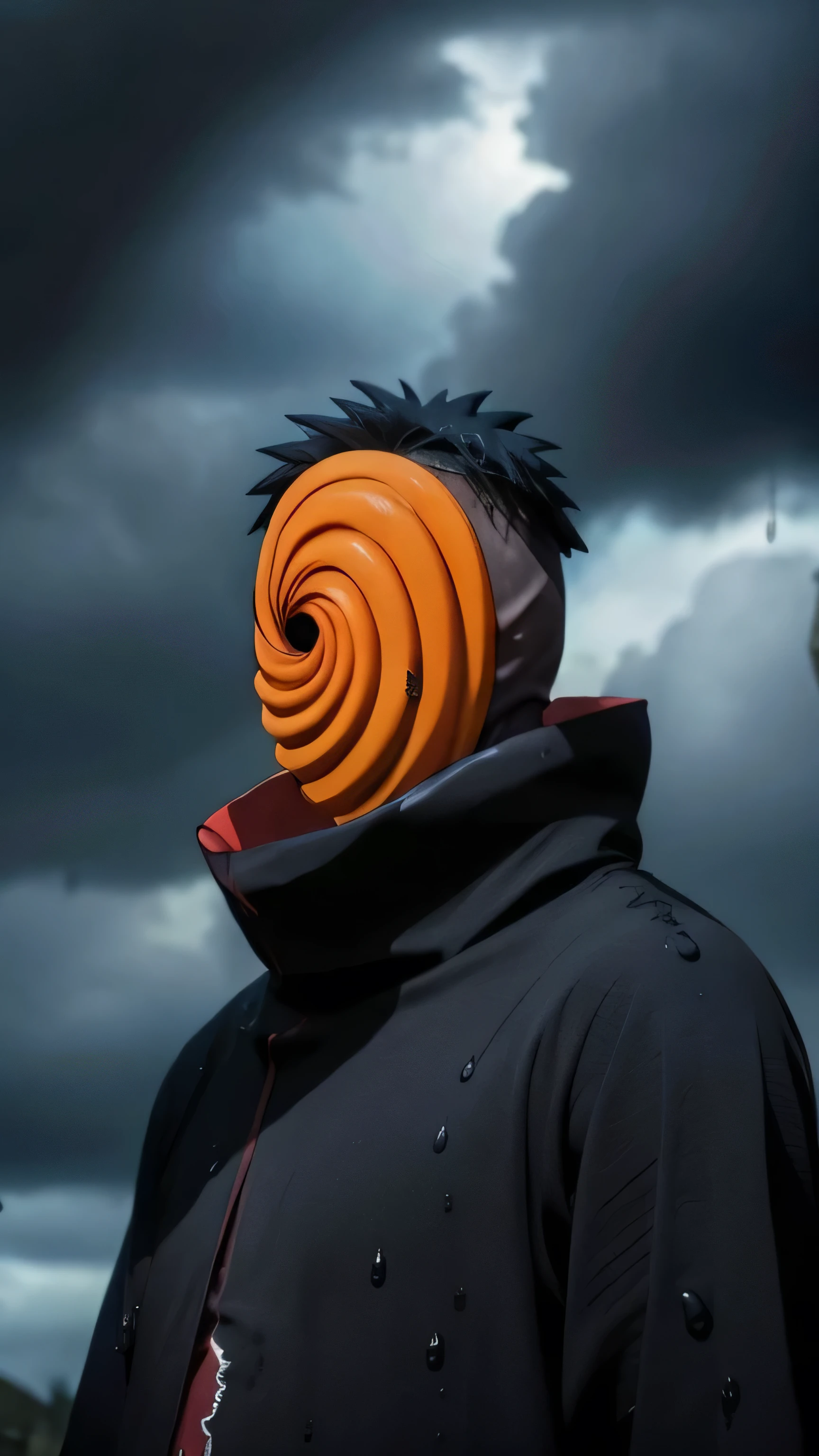 score_9,score_8_up,score_7_up,source_anime,rating_safe BREAK masterpiece,highres,best quality,high quality,dramatic angle,cinematic lighting,1boy,Tobi,orange mask,black hair,black robe,akatsuki robe,black robe with red cloud pattern on it,patterned,black gloves,torn clothes,torn mask,scar,rain,depth of field,rainy,raindrop,water,wet,dark clouds,ruin,serious,covered only half face,red eye,sharingan,glowing eye,damaged,from below,