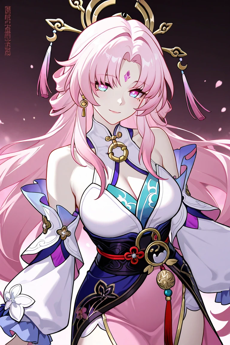 pink hair, 1girl, solo, purple eyes, long hair, breasts, smile, blush, detached sleeves, looking at viewer, hair between eyes, japanese clothes, bangs, white background, bare shoulders, large breasts, animal ears, fox ears, closed mouth, hair ornament, jewelry