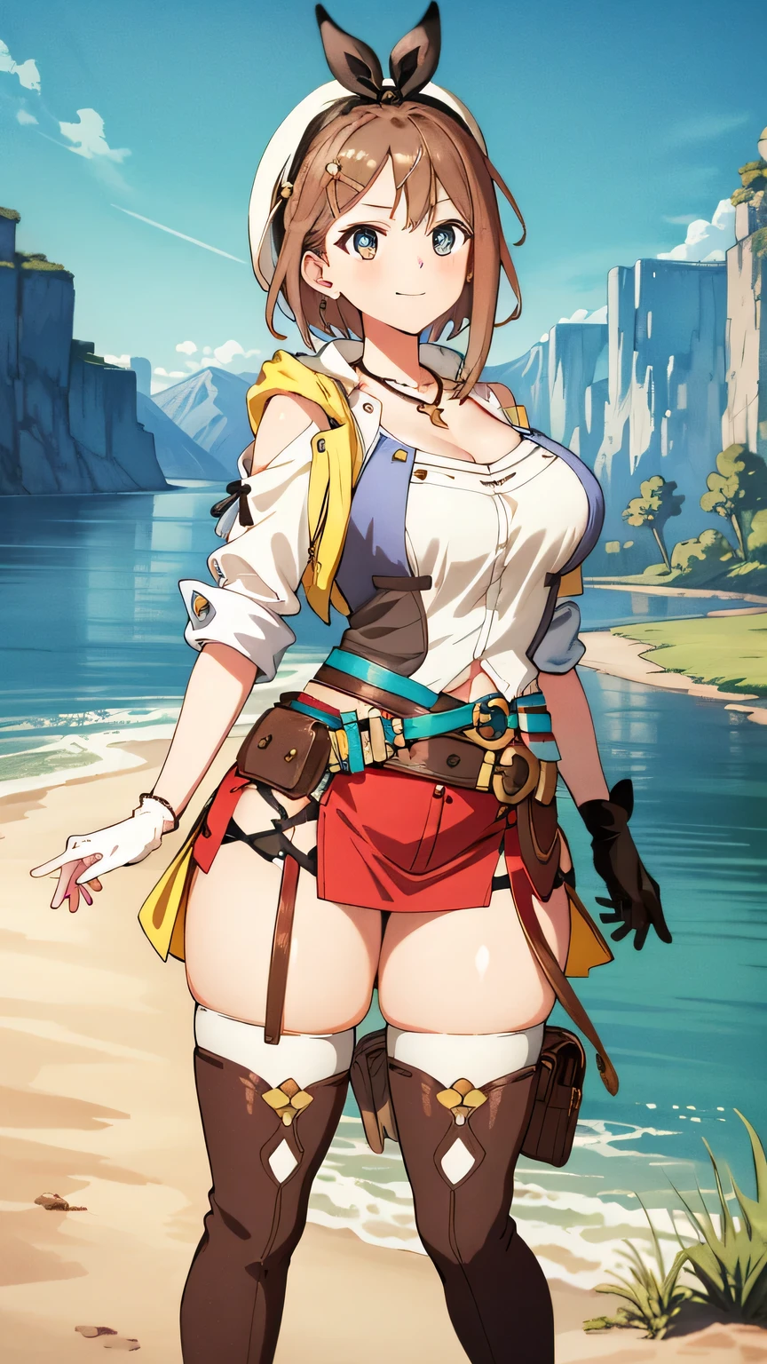 {{{masterpiece}}}, (best quality:1.5), (ultra-detailed:1.5), {illustration}, {{an extremely delicate and beautiful}}, (beautiful detailed eyes:1.6), absurdres, highres, extremely detailed face, 16k, hd, visual anime de uma jovem mulher, extremamente bonito rosto de anime, anime melhor garota, (perfect hands, perfect anatomy), anime face, Reisalin Stout, ryza, 1girl, solo, cute face, head ribbon, brown hair, short hair, hair ornament, hairclip, brown eyes, large breasts, plump thighs, thin waist, big hips, curvaceous, BREAK, hat, white headwear, (1stDefault:1.3), First Clothing, white sleeveless, collarbone, cleavage, leather, yellow jacket, open Jacket, brown gloves, single glove, leather gloves, jewelry, necklace, star necklace, star (symbol), leather belt, brown belt, blue tool belt, flask, test tube, navel, thigh pouch, red skirt, (micro skirt:1.3), thighhighs, bridal legwear, white thighhighs, thigh boots, brown footwear, toeless footwear, thighs, thighs, zettai ryouiki, BREAK, cute face, smiling, standing, outdoor, daytime, solar, rock, mountain, forest, desert, sky, lake, look the sky, look up, (bust shot:1.3), from side, from below