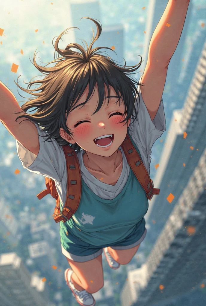 1girl in(Laughing)、exaggerated pose、Reaching the climax:1.３, short-cut、masutepiece、Bottoms are randomly generated、（ Tomato Illustration Printed Shirt ）、dark brown hair、GI Cut、Lunette de soleil、Background bokeh:1.5