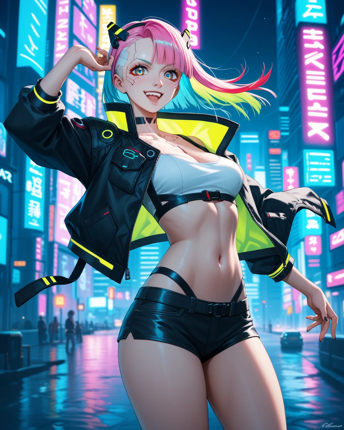 cute little cat ,(((little lolill tiny body,petite))),(((6 years ime little cat loli with extremelye and beautiful blonde hair walking down the street)),(((cat girl,anthro furry cute,cat-girl))),(((cat ears,cat ears on head,big cat ears))),
(((flat chest))),(((blonde hair:1.35,messy blonde hair,colored inner hair,ear breathing,))),((heterochromia,eye1 yellow,eye2 orange,perfect eyes,upturned eyes:1.3,beautiful detailed eyes,finely detailed beautiful eyes:1,big highlight on eyes:1.2,slanted eyes)),(((freckles on the face,freckles,freckled girl))),(((lustrous skin:1.5,bright skin: 1.5,skin tanned,shiny skin,very shiny skin,shiny body,plastic glitter skin,exaggerated shiny skin))),(delicate detailed fingers,detailed body,detailed arms,human hands,(detailed face)),
cute,slutty,,erotic,(((nsfw))),
zettai ryouiki,revealing clothing,show skin,((rave shirt,neon shirt,rave mini-skirt,visible thong straps)),(wearing a rave outfit:1.3,rave clothes,semi-naked,with little clothing,),(detailed outfit,detailed clothes),
(dynamic pose:1.0),solo focus,embarrassed,centered,scale to fit dimensions,Rule of thirds,
outdoors,((night view)),(very pretty city neon synthwave,cyberpunk night street Background:1.5,dark sky,thick clouds),future vehicles,((neon lights)),thick clouds,(cyberpunk style,neon lights, (synthwave theme background), lonely street),(((detailed background:1.25))),
(best quality),(high resolution),(sharp focus),(ultra detailed),(extremely detailed),(extremely high quality artwork),8k_wallpaper,(extremely detailed CG 8k),(very fine 8K CG),((hyper super ultra detailed perfect piece)),flawless,(((masterpiece))),illustration,vibrant colors,(intricate),High contrast,Selective lighting,Double exposure,HDR (High Dynamic Range),Post-processing,Background blur,