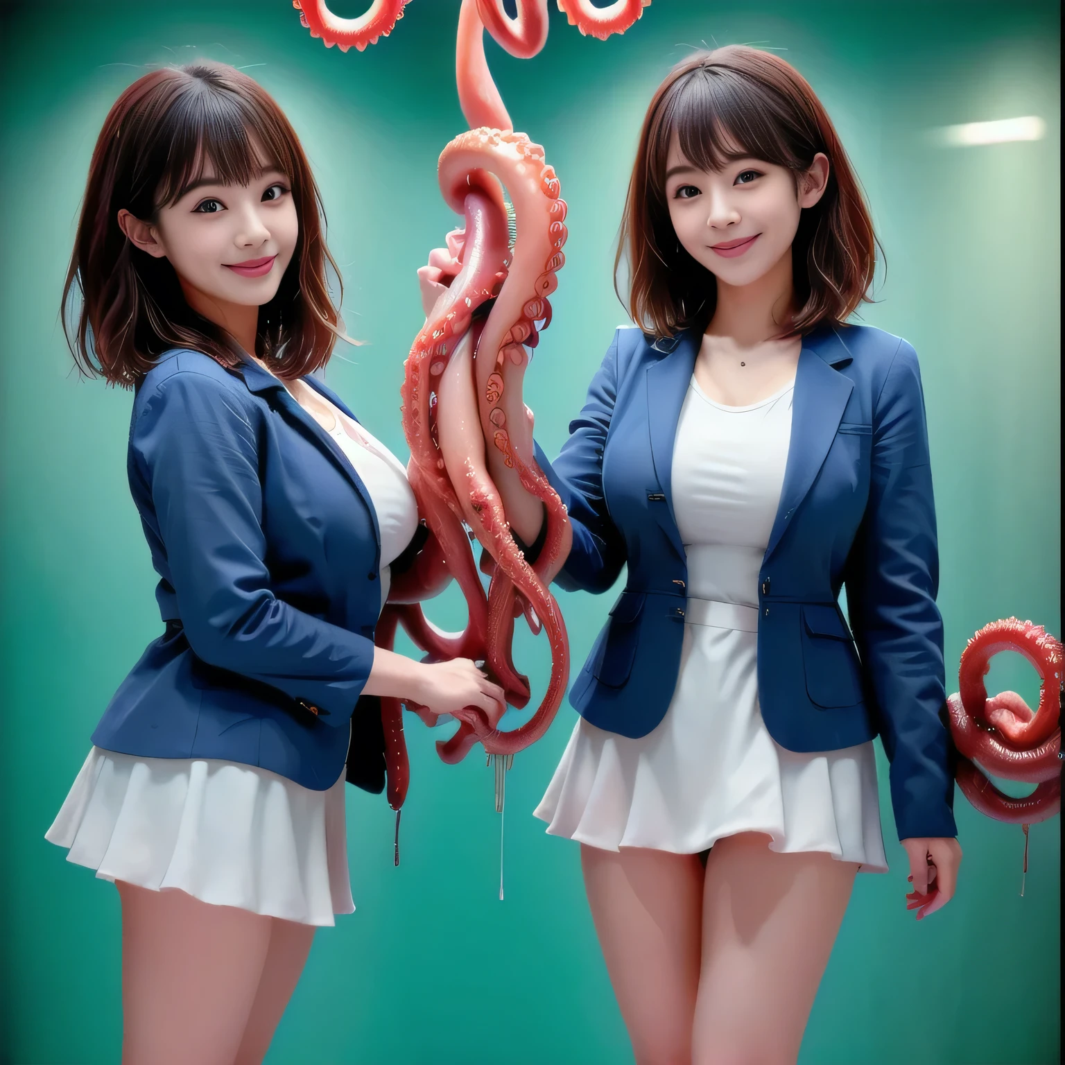 Best Quality、masterpiece、SF, surreal, duo, lesbian, Girl attacked by slime、 full body photo, Tentacles in front of your eyes、tentacles in front of your face, Tentacles stretching towards the girl,  tentacles, (white shirt、miniskirt、Navy Blue Jacket), big breasts, (( Layered Haircut )),（8k，Best Quality）， shooting from a distance ，  adorable by design， smile，  long brown hair ， 32K, masterpiece， Best Quality， Ultra High Resolution, Christmas、 almond eyes 、bangs、very rich and long eyelashes、 thighs, happy expression, smile, Meeting Room、(( Bite the tentacles)),  Tentacles stretch for a long time,  tentacles,  tentacles wrapped around ,Mucus, Love juice,  semen , open mouth, slime shapeshifter、 Female Monster 