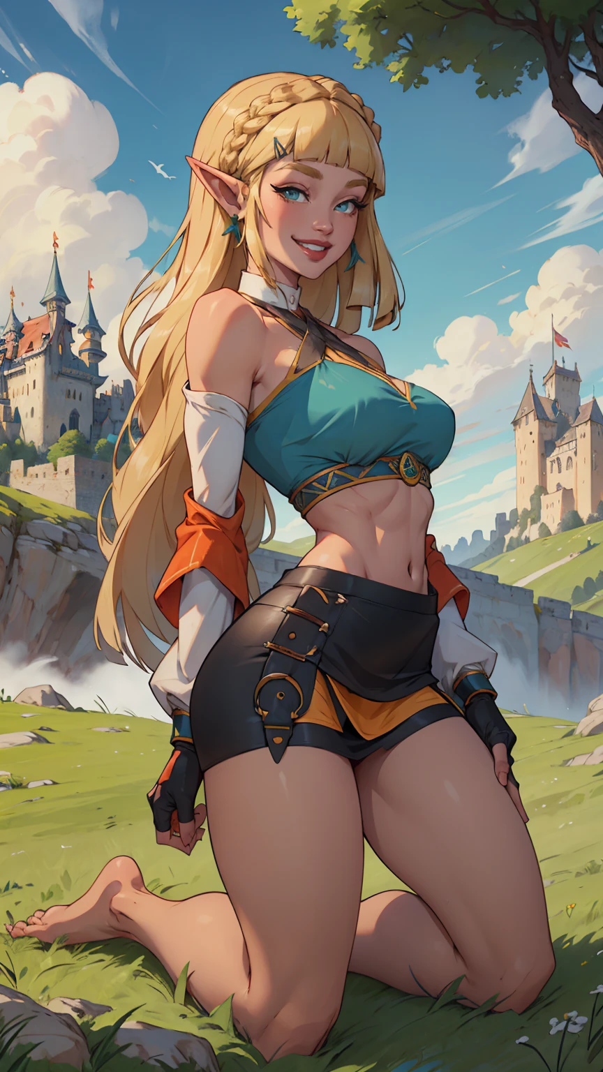 masterpiece,best quality,zelda\(princess\), 1girl, solo, large breasts, cleavage, smile, long_hair, cheerleader, top down view,