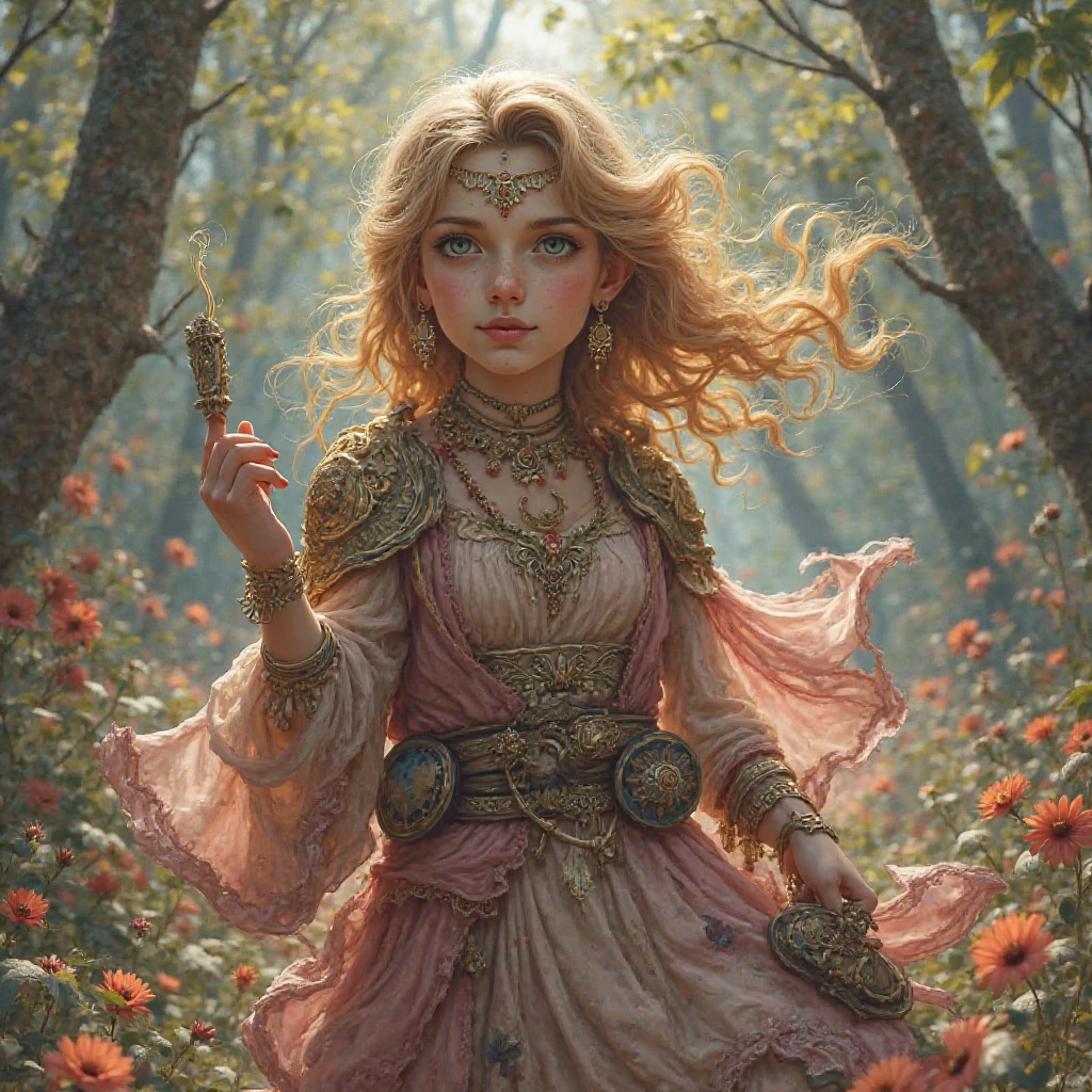 A young viking girl,(beautiful detailed eyes,beautiful detailed lips,extremely detailed eyes and face,long eyelashes), in a garden, holding a small sword, with braided hair, wearing a fur-lined cloak and leather armor, standing proudly in front of a blossoming cherry tree. The girl has fair skin with a rosy complexion, and she exudes a sense of determination and bravery. The garden is filled with vibrant flowers and lush greenery, and there is a gentle breeze blowing through the girl's hair. The overall scene has a subtle fantasy atmosphere, with a touch of Nordic mythology. The colors are rich and vibrant, with a warm and golden tone. The lighting is soft and diffused, casting a gentle glow on the girl's face and illuminating the flowers in the garden. This artwork is of the best quality, with ultra-detailed features and a realistic, photorealistic style. The image is in high resolution, with sharp focus and vivid colors. The girl's facial features are emphasized, creating a sense of depth and realism. The composition is balanced and visually appealing, capturing the essence of a young viking girl exploring the beauty of nature,(subtle nudity:1.3)