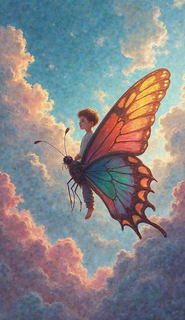 The little boy flies through the air on a huge paintbrush,The ground is full of forests and clouds of oil paintings,There is a painted bird flying in the sky,Two painted butterflies fly together,Colorful paints float in the sky,Paintings floating in the air,Flowers passing through the clouds
