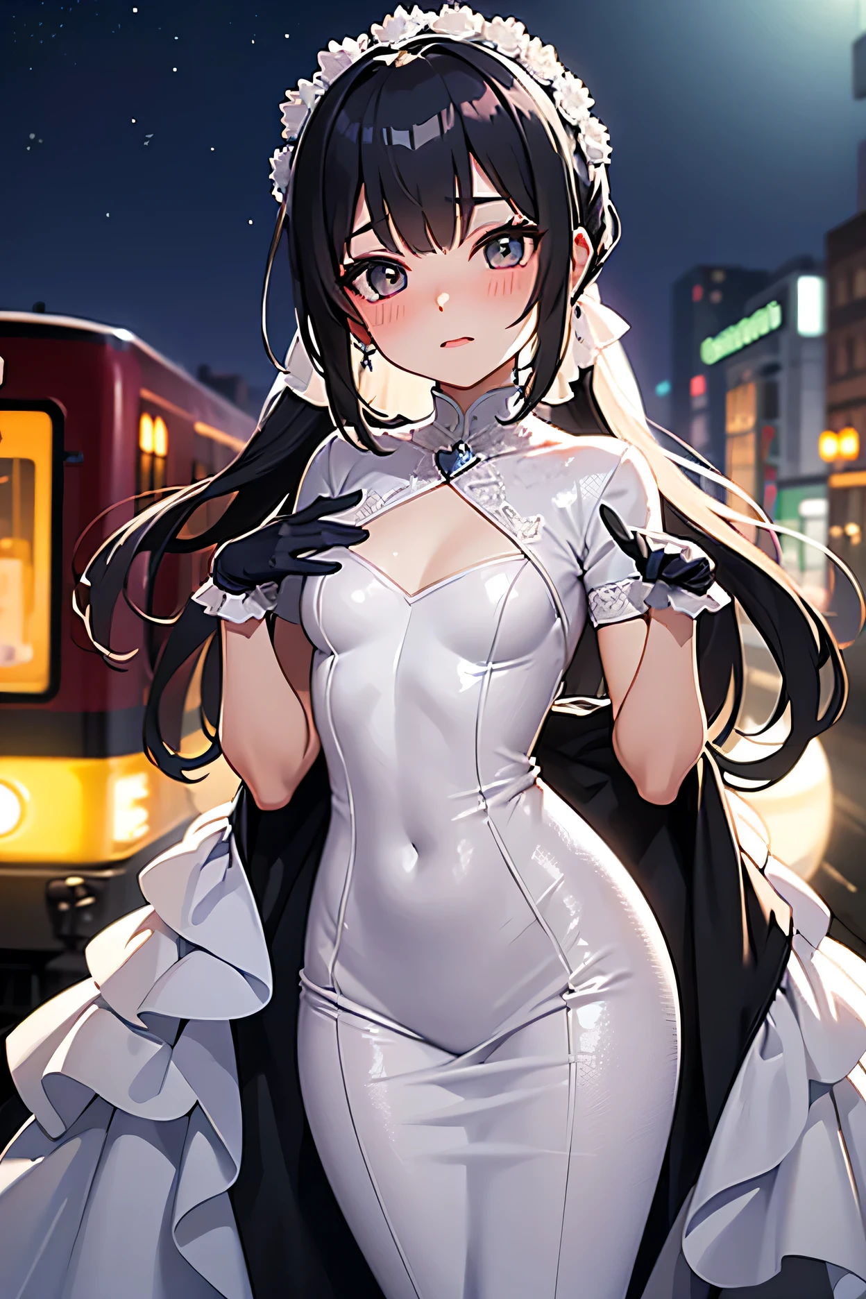 1girl, large breasts, cleavage, standing,outdoors,street,cowboy shot,parted bangs, forehead, wedding dress,