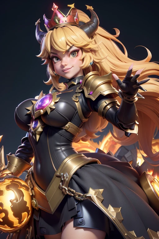 3dmm style,(masterpiece, top quality, best quality, official art, beautiful and aesthetic:1.2), (fractal art:1.3), 1girl, beautiful, high detailed, bowsette, female Bowser, blonde, dark eyes, dark lighting, mischievous face, large tits, cleavage, looking the sky, sky, medium shot, black with gold highlights ironman armor, mushroom Kingdom background, jewelry