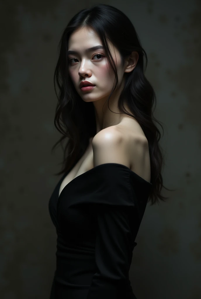 Chinese woman, 30years, gothic, big-ass, big breasts with cleavage, IN A BLACK DRESS