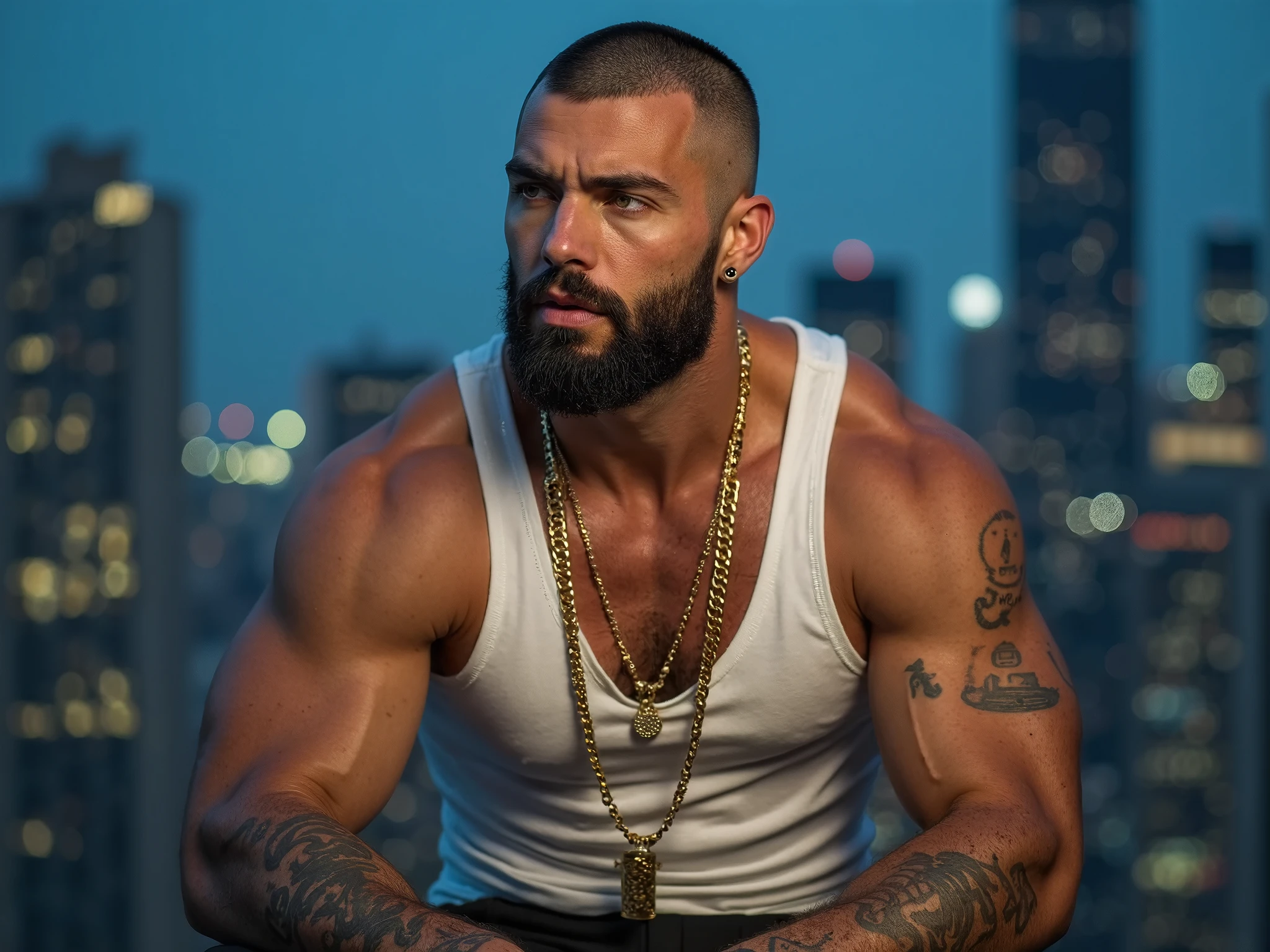 (masterpiece, intricately detailed, highest resolution, best quality:1.2), (doujin), a cocky Brazilian Instagram influencer, buzz cut, a 24 y.o muscle stud with a muscular physique sitting on a chair with black eyes,full-body tattoo, dark-skinned male, clean shaven, wearing a ((open jacket, big chains, chav, armbands)), ((excessive cum)) ((cum on body)) (cum drip), flaccid penis,saggy balls,hairy chest,vascular,muscle striations,soft light,fantastic realism, ((colth))