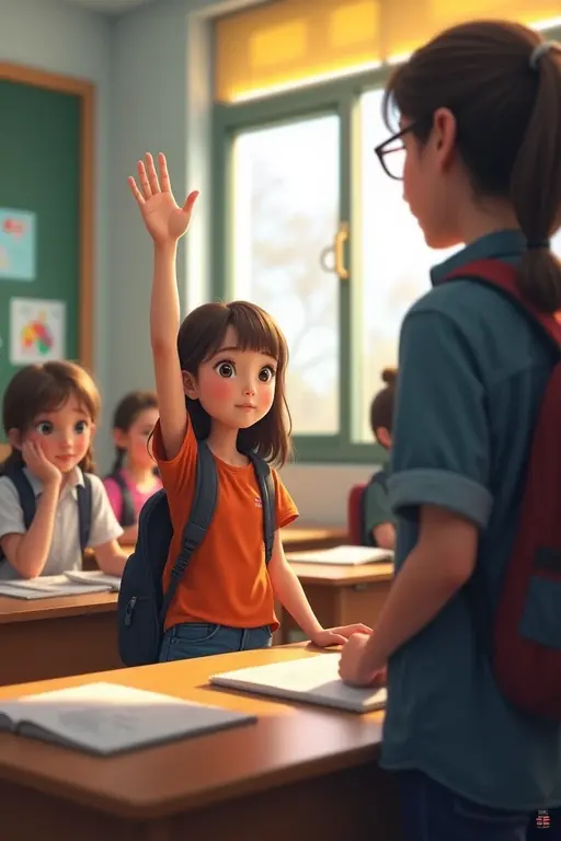 student raises her hand and asks the teacher something