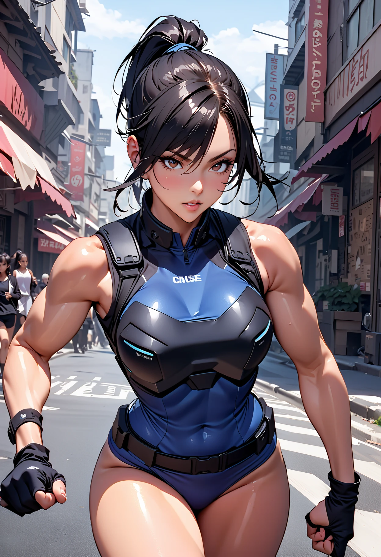 8K,younger sister,so beautiful(Like the real thing),Toned, muscular body,sexy,clear narrow eyes,black eye,Cool smile,Blue combat jacket,Black Shirt,Black combat pants,short,Compensate,Ultra-Realistic Skin,compensate,masterpiece,Photorealistic RAW photos of the highest quality。Bright colors,Rich colors, Backlight, Cinema Lighting, Film Grain, 50mm lens, Nikon D850,Detailed character art,Fantasy art,Ultra-high resolution,Ultra-Realistic Skin,Perfect hand shape,In front of the abandoned temple,Beautiful expression,close,Very small breasts,Muscular Beauty,Dynamic fighting pose,ponytail,