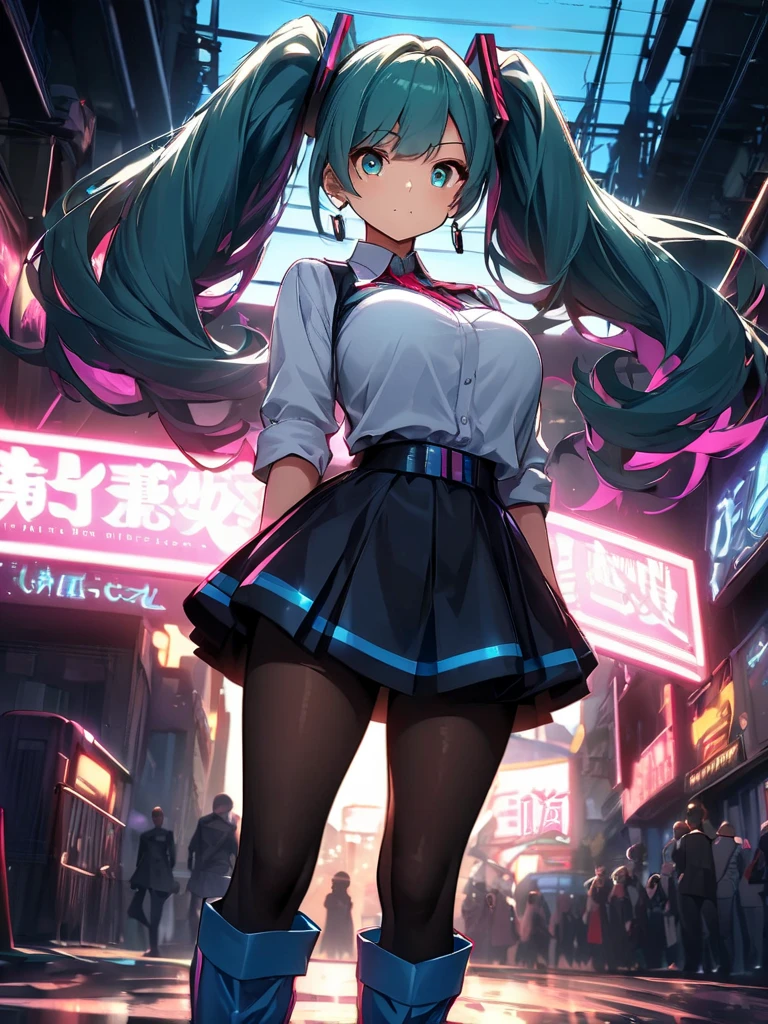 (masterpiece, Perfect quality:1.2,), (8K, RAW Photos, Highest quality, masterpiece: 1.2), High-quality RAW color photos, Professional photography,Data Visualization Design Styles ,(Hatsune Miku is singing with her wings spread),(Pink and turquoise hair:1.3) ,(Plump body),A clear blue sky,Vast views,Side Back,Wear iconic outfits and hairstyles,(Extra long double ponytail:1.3),Aether Holographic Center, Neon Wings, Founding Angel, Transparent Holographic Being, Beautiful details