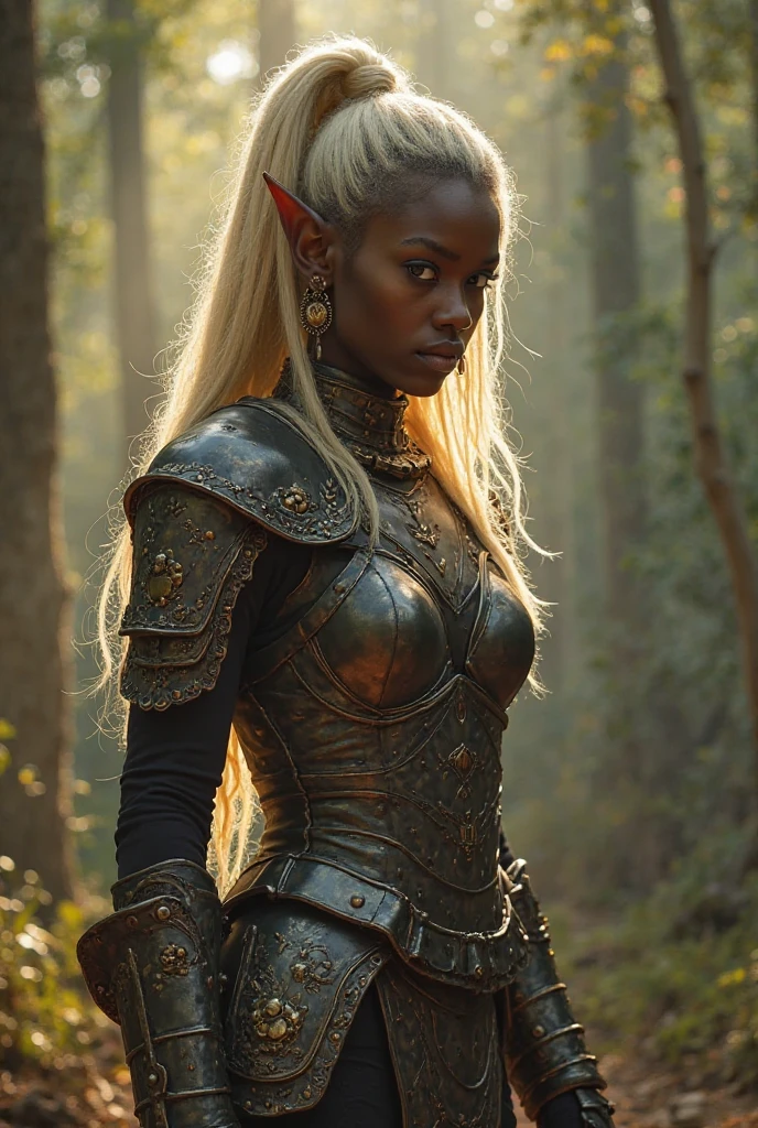slim twenty-five year old woman, long hair in a braid, warrior, in forest, black skin, brown clothing, leather armor, spears in a quiver on her back