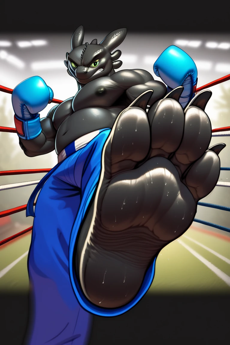 zPDXL3, pov_kickboxing, kicking_the_viewer pov, foreshortening, depth of field, in a boxing ring, blue boxing gloves, extreme perspective, extreme closeup, closeup, action shot, kickboxing, dynamic pose, motion lines, impact lines, kicking the viewer, perform stomping kick, cropped head, grassy field background, barefoot, good feet, feet are not blurry or out of frame, black toes and pawpads, claws pawpads and toes presented to the viewer, foot fetish, foot focus, viewer is stomped under big foot, feet are sweaty, feet are dirty smelly musky, feet have three toes, black scales
BREAK
Toothless, dragon, furry male, looking at viewer, angry, large pectorals, chubby with muscle, lowangleview-3000