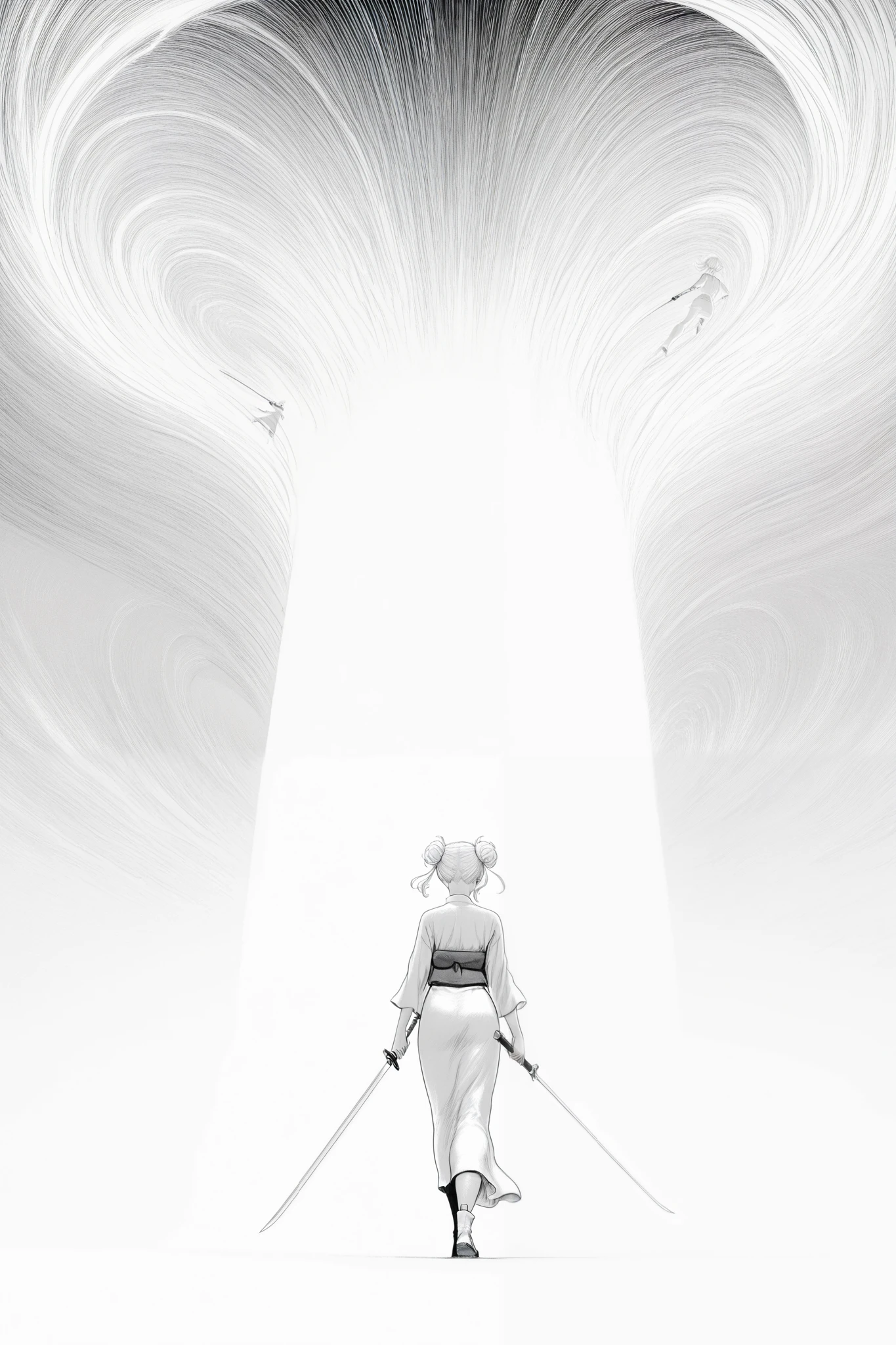 HDR, 8K, high contrast, masterpiece, best quality, amazing quality, very aesthetic, anime artstyle, realistic, hentai art, newest, (artist:incase:0.5), (artist:tsuaii:0.5) ,
BREAK
bounce light, hyperdetailed, detailed hair strands, detailed fibers, monochrome, greyscale, line art, manga, kentaro miura
masterpiece, semi-realism, hyper detailed hatching, engraving artstyle, hatching /texture/, contour lines, monchrome, greyscale, masterpiece.hyperdetailed, absurdres,
foreshortening, perspective, dynamic angle, dynamic perspective angle, very aesthetic, Dynamic pose, white background,
1girl, holding katana, from behind, unsheathing blade, sheathe, looking to side, flowing garments, bun hairstyle, white hair, (back to viewer: 1.0), greyscale, monochrome,