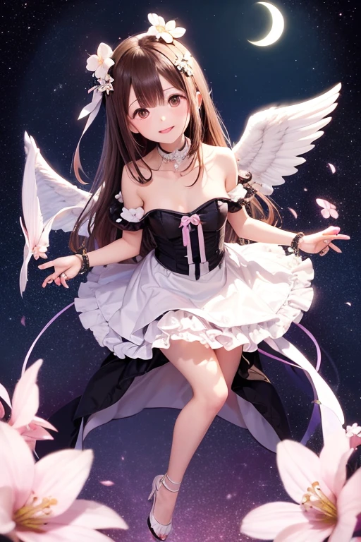 Highest quality,Highest Resolution,Beautiful girl with angry face in maid leotard,Frills,High leg,(((Floating in the air))),Halo,(((universe space))),Milky Way,meteor,Very beautiful eyes,(((White angel wings on the back))),whole body,long hair,(((Shoot a bow))),Knee-high stockings,Floating in the air,