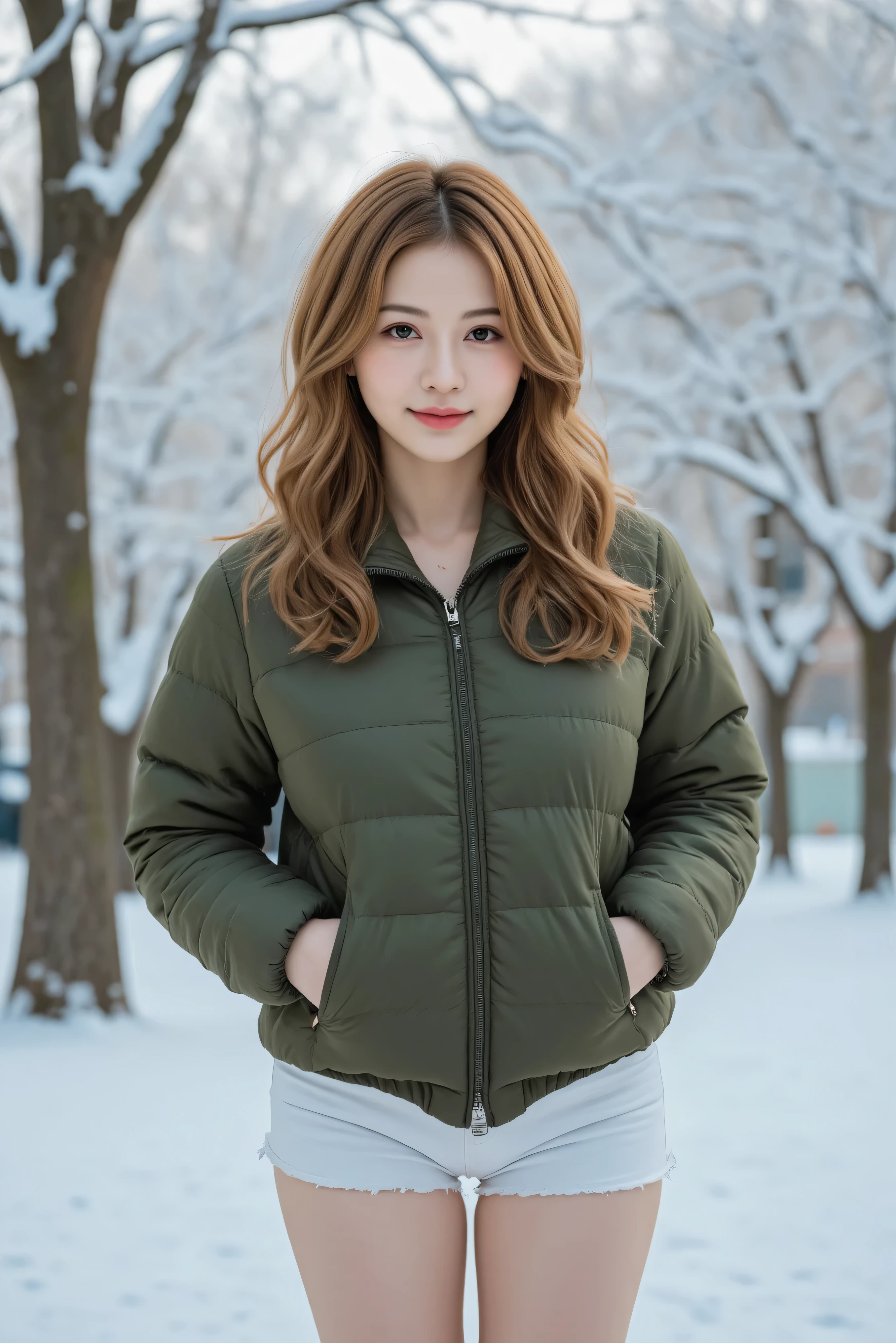 25 year old female 1 、（ real 、looks like a picture、live-action、8k、 real 、 RAW photo、best image quality：1.4)、 SLR during homework、 RAW photo、best image quality、 real 、High-definition CG Unity 8k wallpaper、Depth of Note Realm、cinematic lights、lens flare、ray tracing、 real background、(( super high density skin))、(I can see my whole body:1.38)、（（kind smile））、 Gold,  highlight color hairstyle, long hair, wave hair、snowy Tokyo background、white denim shorts、green down jacket、Adding tranquility to the scene、