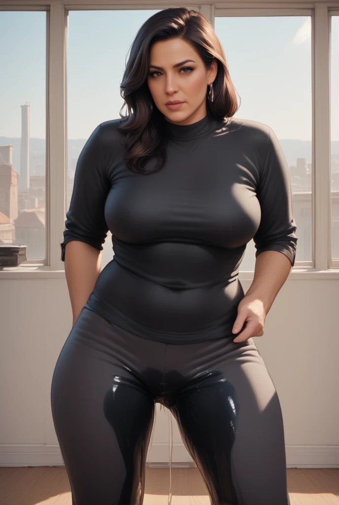 White woman with short and spectacular black hair in dark gray latex bodysuit posing