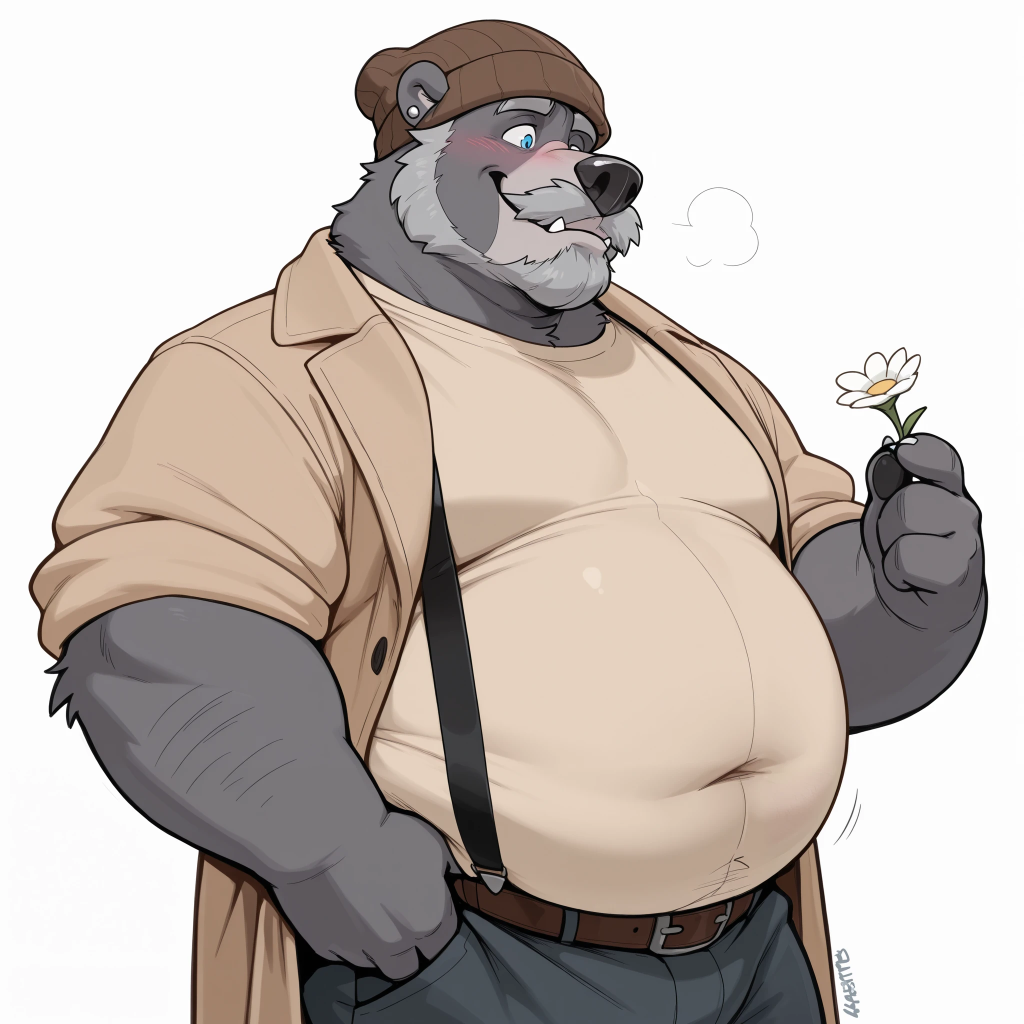 masterpiece, best quality, amazing quality, anthro bear, grey fur, bald, blue eyes, 1boy, solo, fat arms, dilf, dad body, daddy, grey fur, bushy grey mustache, grey beard, tall, fangs, large snout, large nose, black nose, glossy fur, wide head, grey ear piercing, white background, fat, overweight, flabby arms, brown beanie, suspenders, beige shirt, pants, belly overhang, white flower in hand, blushing, brown belt, coat