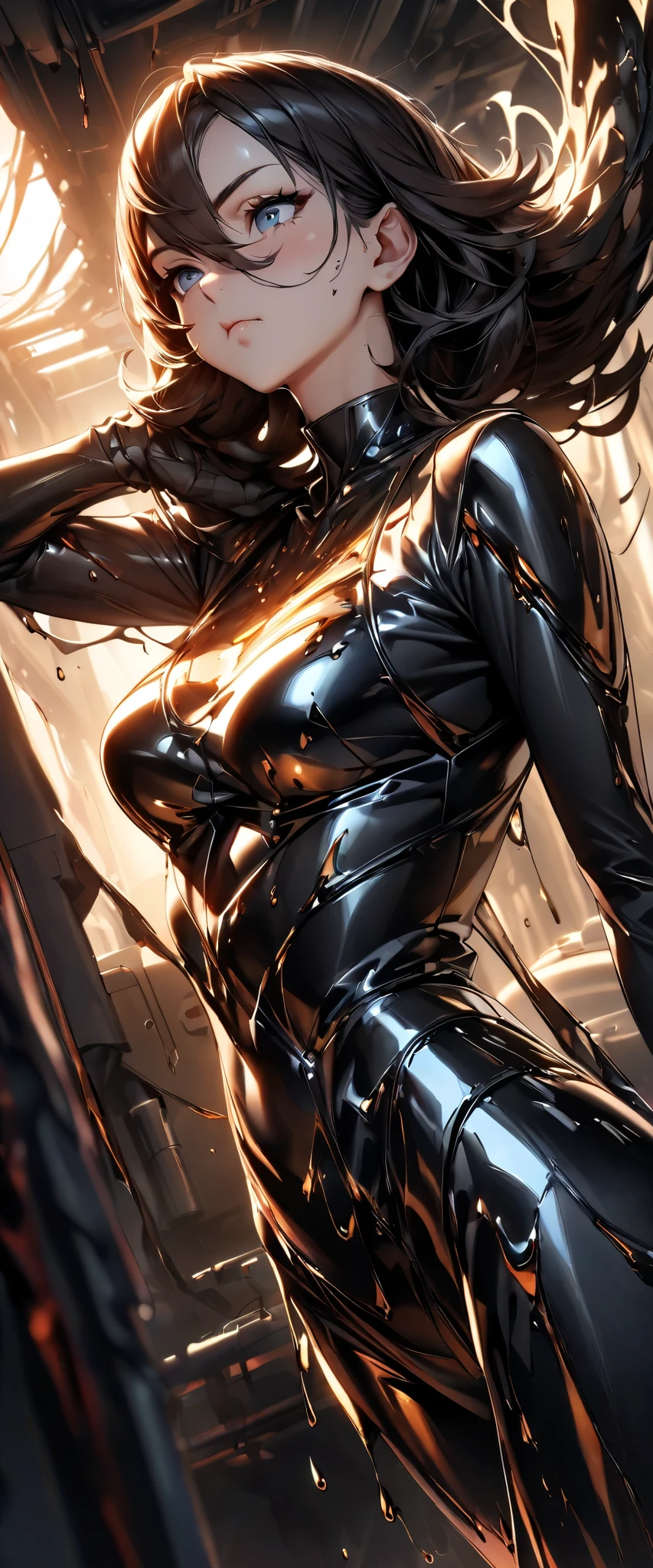 (Best Quality:1.2, very well detailed, high detail, high contrast, masterpiece:1.2, Best Quality, Aesthetics at its best), female 1 person, assassins with a pout face, Mercury Body, Metal Suit, LIQUID METAL:1.2, melting body, The body melts, Melting Female Android :1.2, Artificial Life, Melting dressing of metal, Liquid Shape, Amorphous Metal Costume, Large facility with individual underground facilities, dim lighting, beautiful eyes, long lashes, well-groomed face, beautiful lips, sleek design, sit, random action pose, Dutch angle
