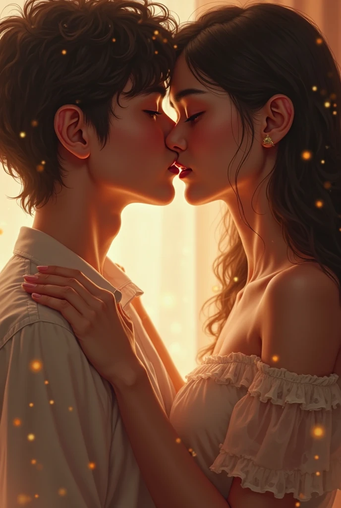 a romantic kiss between two people, detailed facial features, beautiful eyes, long eyelashes, soft lips, tender embrace, passionate expression, cinematic lighting, warm color tones, intricate details, masterpiece, photorealistic,