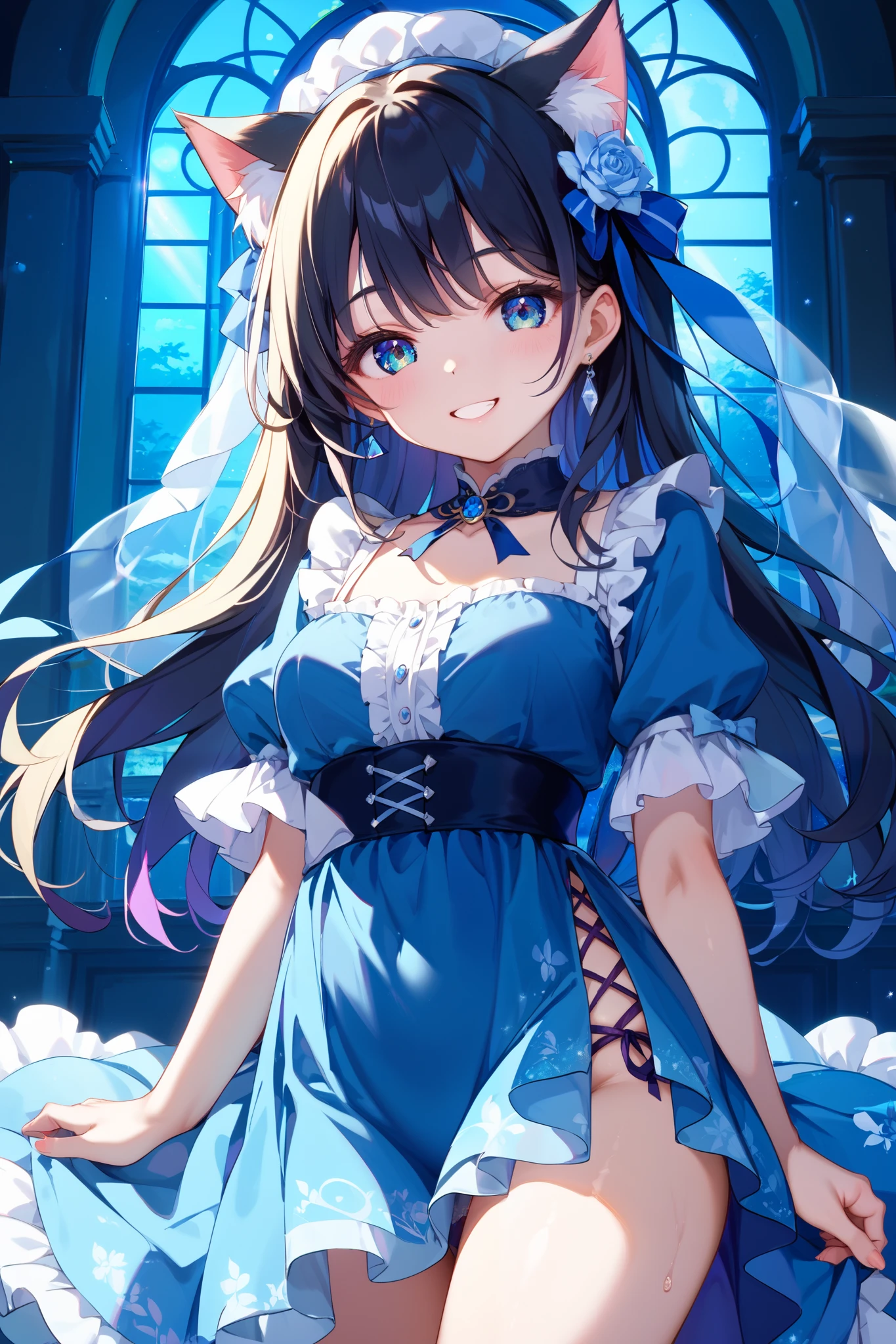 (((masterpiece、Best Quality、Hi-Res、16k))) ( female 1)、 Cat ears、 long black hair、 beautiful blue eyes、 fine eyes、 fine eyes、 princess night 、miniskirt、blue dress、 very delicate and beautiful、 Meticulous Details、 good configuration、 cute face、 (I have my hands crossed on my back)、やわらかなsmile、 Mysterious Mansion、 night、 Majestic Photos、 front、smile、anime風、 light/dark method、fluorescence、anime、lens flare、 glitter:0.7、 thighs、((全身front図))、(very detailed:1.5)