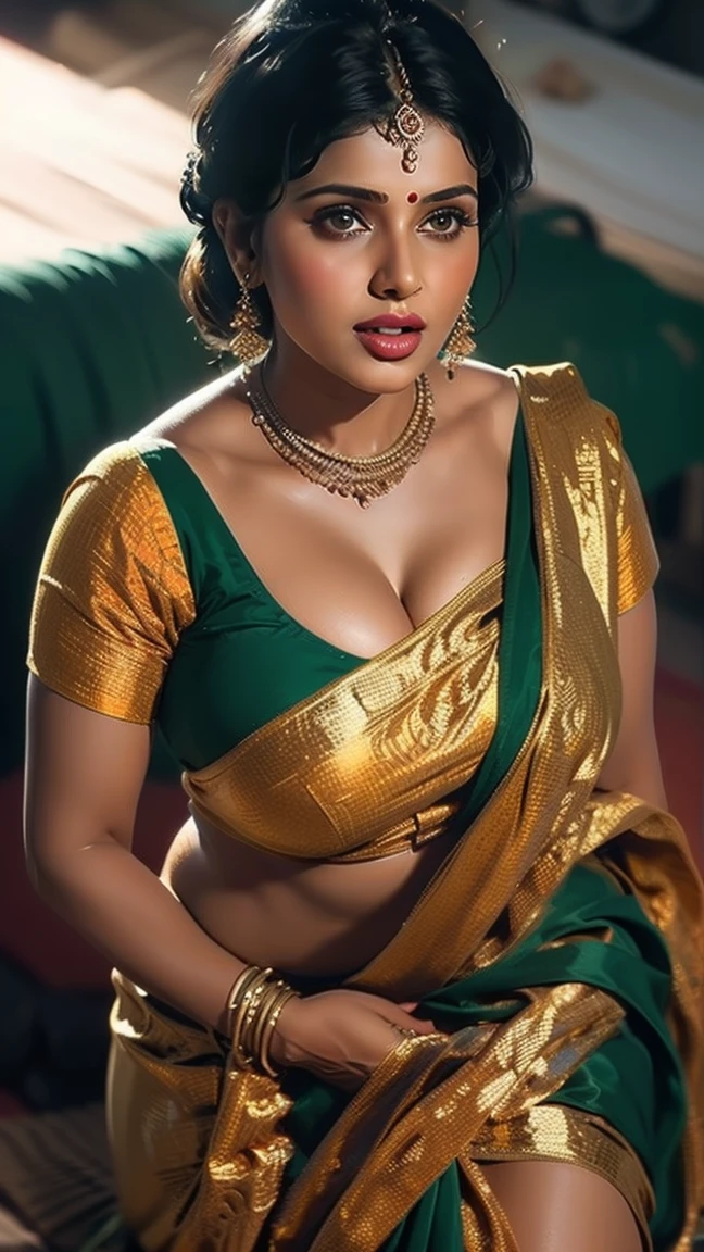50yo mature MILF Anushka Shetty,((best quality)), ((masterpiece)), ((realistic)), eye kajal, mascara, red lips, sensual Beauty, provoking body, extreme sweat, sweat soaked skin, slight stretch marks, alluring figure, bulging figure, thick charming lady, curvy, thick navel, full figured woman, eye kajal, massive breast, full body, styled hair, pierced eyes, female face,royal aura, trend on artstation , sharp focus, studio photo, intricate detail, very detailed, detailed eye, illustration, very detailed, sharp focus, digital render, professional, 4k