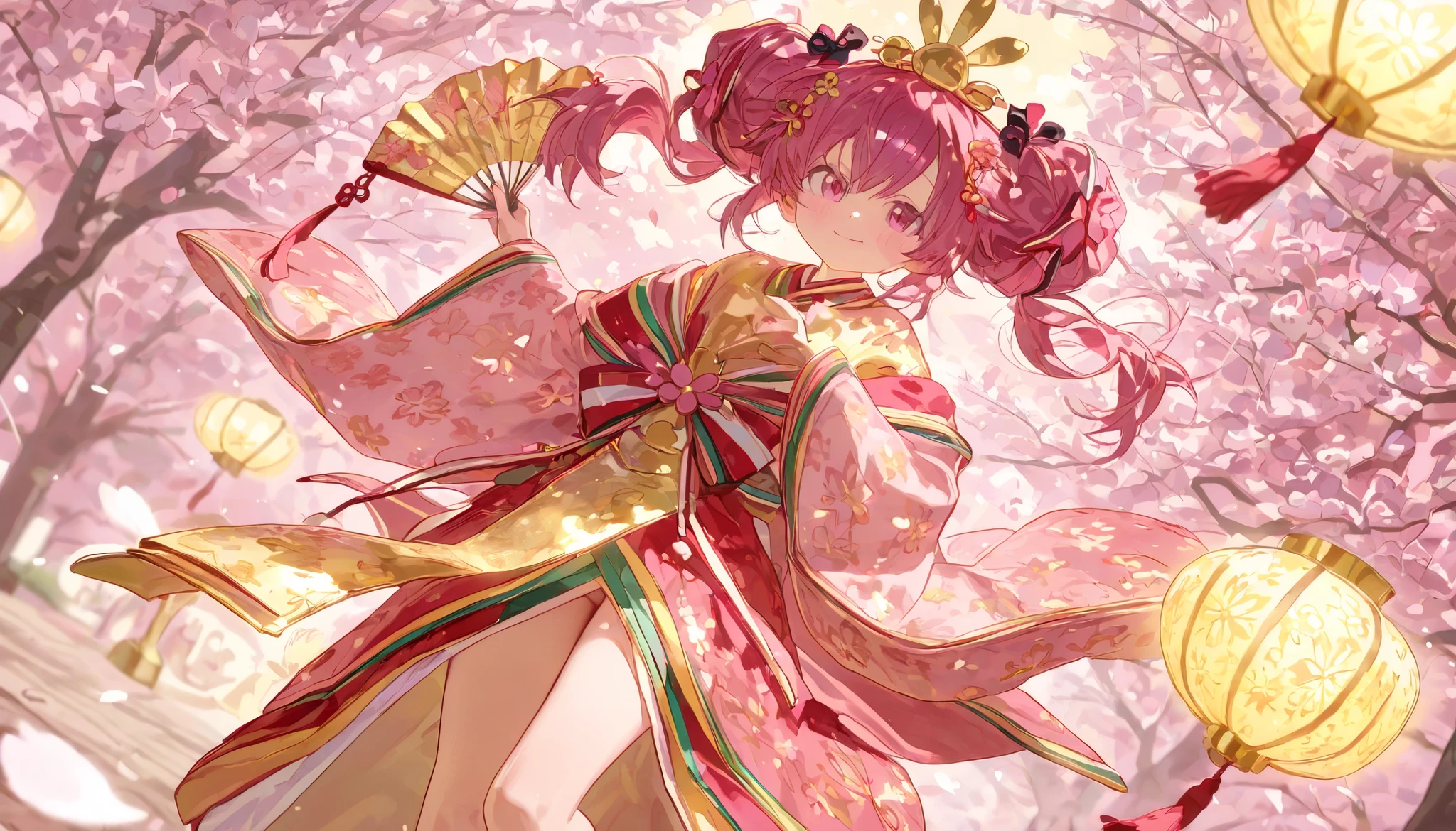 young girl dressed in a traditional Japanese hina doll cosplay, celebrating Hinamatsuri on March 3rd. She wears a beautiful multi-layered kimono in pastel pink and red with intricate golden patterns, resembling an elegant Empress. Her hair is styled in a classic Japanese updo, adorned with delicate floral hairpins and a golden crown. She holds a small folding fan in her hands, standing gracefully in front of a Hinamatsuri display with tiered platforms of ornamental dolls. The background features soft paper lanterns and cherry blossom petals floating in the air, creating a warm and festive atmosphere. The scene is illuminated by gentle candlelight, emphasizing a dreamy and traditional Japanese aesthetic