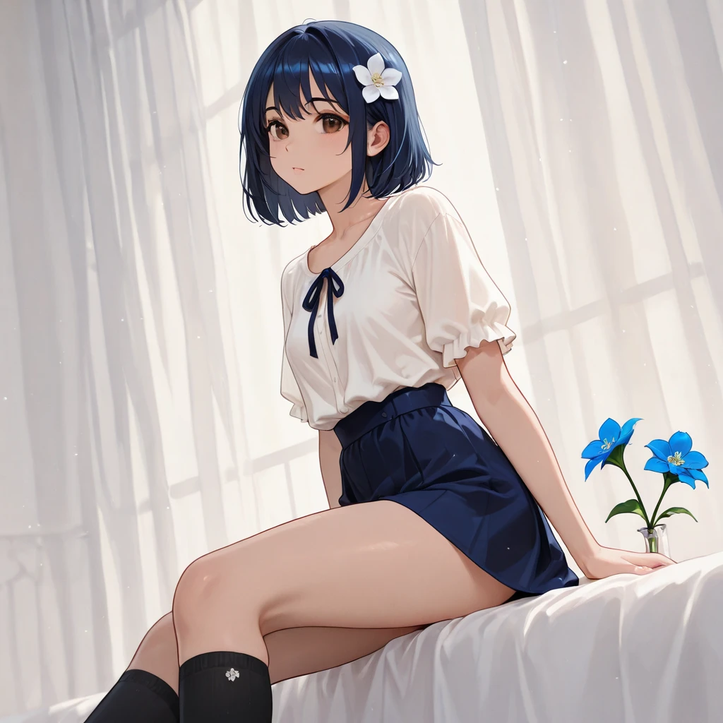 , , enfant, assis sur une herbe, collants blancs, jupe courte, culotte visible, Oreilles de renard, Queue de renard, mignon, timide, heureux, , mignon outfit, cheveux roux, rougir, sans chaussures, yeux verts, entrejambe visible, culotte à rayures bleues, en t-shirt blanc, extra detailed feet, Very detailed face, toucher des culottes nue