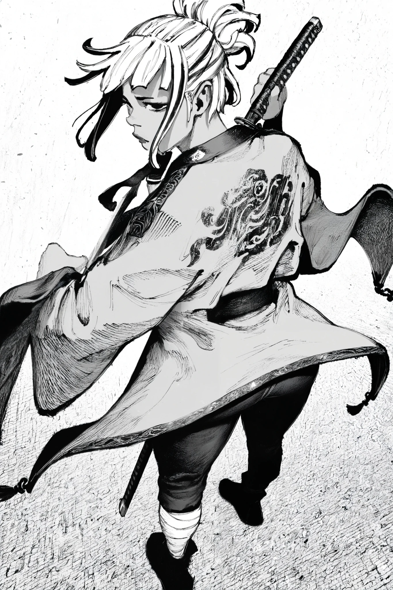 HDR, 8K, high contrast, masterpiece, best quality, amazing quality, very aesthetic, anime artstyle, realistic, hentai art, newest, (artist:incase:0.5), (artist:tsuaii:0.5) ,
BREAK
bounce light, hyperdetailed, detailed hair strands, detailed fibers, monochrome, greyscale, line art, manga, kentaro miura
masterpiece, semi-realism, hyper detailed hatching, engraving artstyle, hatching /texture/, contour lines, monchrome, greyscale, masterpiece.hyperdetailed, absurdres,
foreshortening, perspective, dynamic angle, dynamic perspective angle, very aesthetic, Dynamic pose, Dynamic pose, white background, 1girl, holding katana, from behind, unsheathing blade, sheathe, looking to side, flowing garments, bun hairstyle, white hair, (back to viewer: 1.0), greyscale, monochrome,