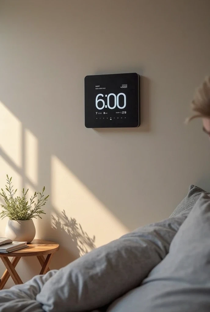 Digital alarm clock, with alarm at 06:00 a.m. On the wall