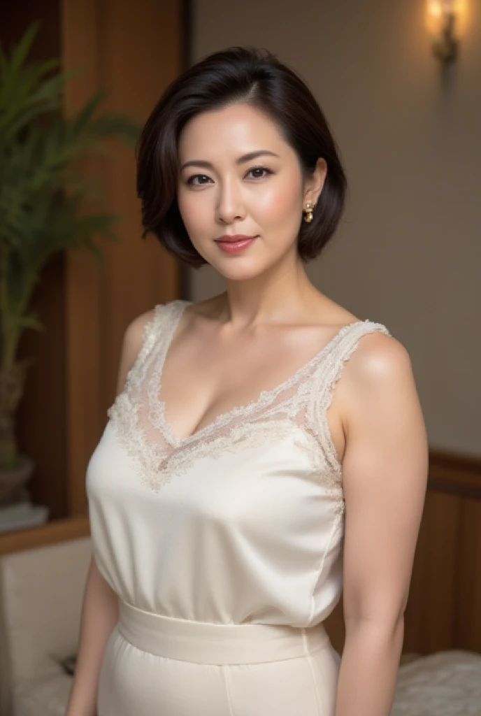 ((Highest quality, 8k, masterpiece: 1.3)), 40-year-old woman1name, smile, Slim face, Beautiful woman, (Dark brown hair), Ultra detailed face, Fine grain, double eyelid,Long eyelashes, Blurred Background, Slim face, White Room,Lattice window,