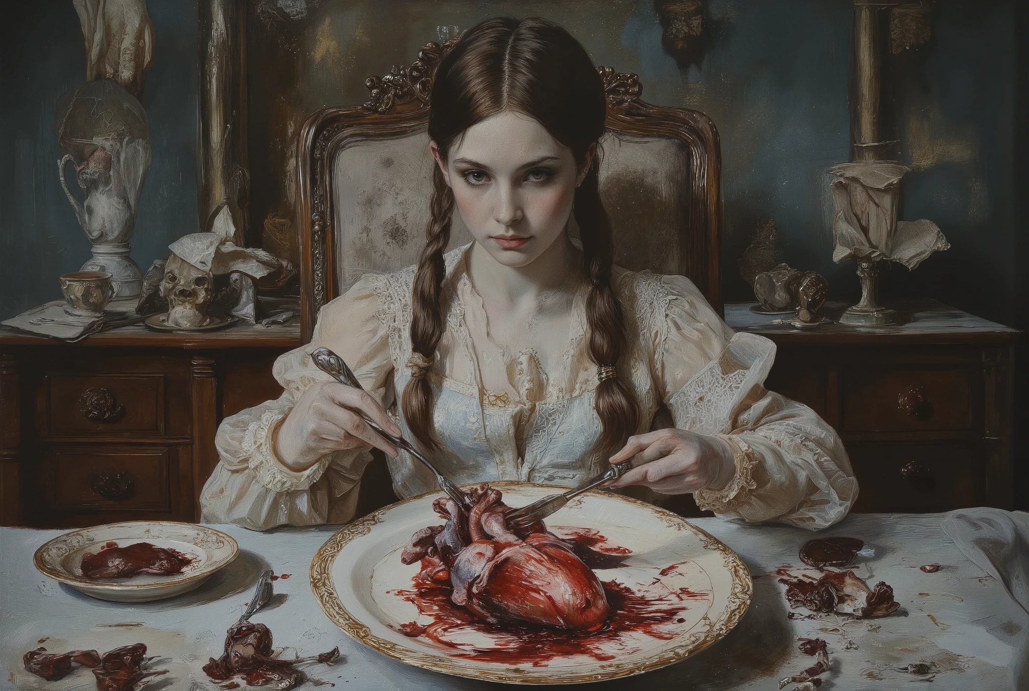A haunting oil painting depicts a young girl seated behind a dimly lit, ornate dinner table in a posh, yet eerie dining room. Her Victorian-era dress and side braids are juxtaposed with the gruesome plate before her, filled with blood and a human heart. The girl is holding a knife and fork in anticipation. The atmosphere is grim, unsettling, and chaotic, evoking feelings of turmoil and despair. Bold, crude linework adds to the surreal quality, as if drawn on old, stained paper by a troubled mind. The bleak color palette immerses the viewer in a world of darkness and hopelessness.