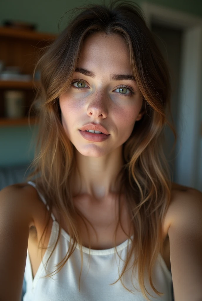 a young white female, sitting railing above living room of a modern day cabin, extremely detailed and realistic, beautiful detailed eyes, beautiful detailed lips, extremely detailed face, long eyelashes, elegant expression, serene and contemplative pose, wooden log cabin, high ceilings, natural lighting, warm color tones, photorealistic, cinematic composition, masterpiece, 4k