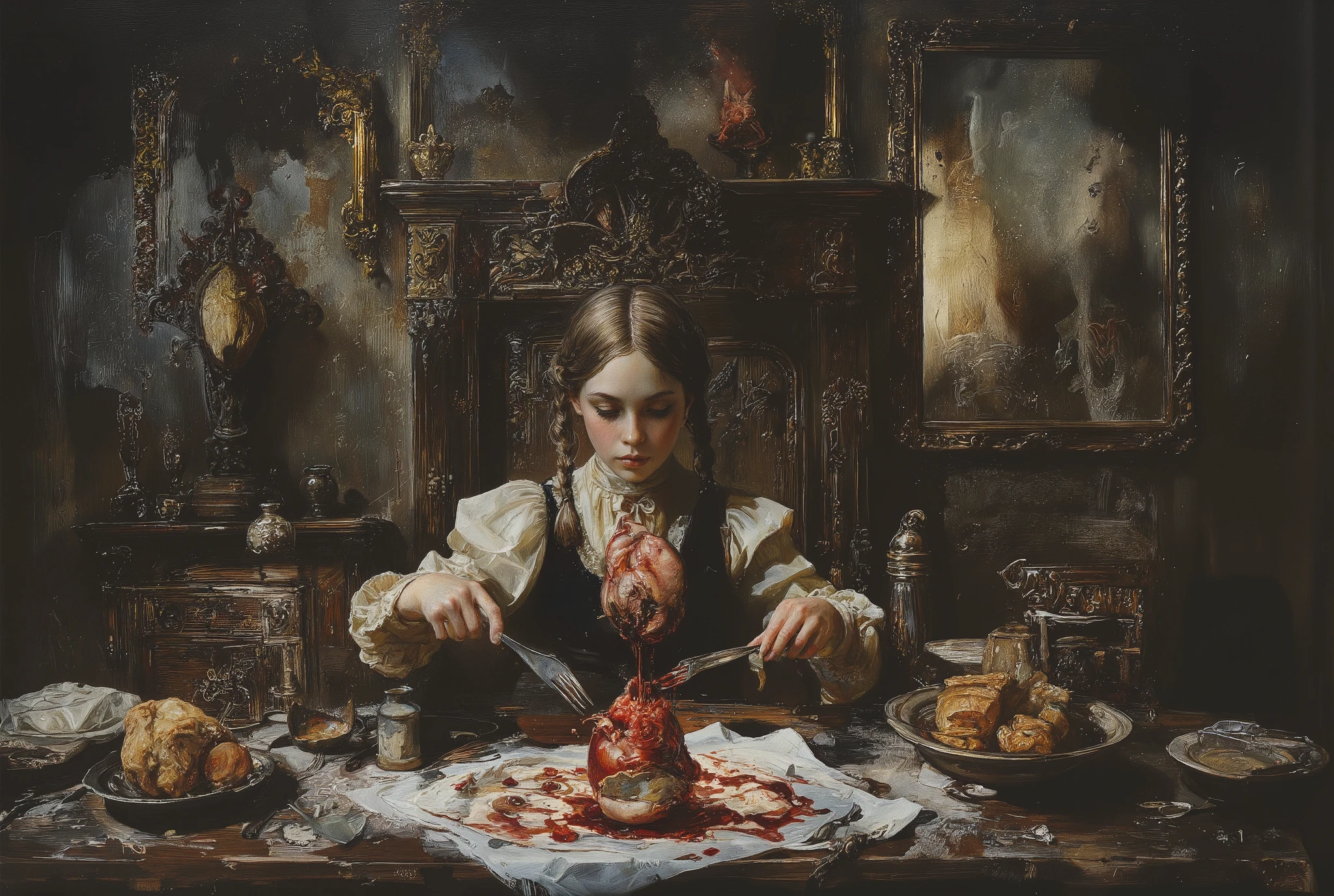 A haunting oil painting depicts a young girl seated behind a dimly lit, ornate dinner table in a posh, yet eerie dining room. Her Victorian-era dress and side braids are juxtaposed with the gruesome plate before her, filled with blood and a human heart. The girl is holding a knife and fork in anticipation. The atmosphere is grim, unsettling, and chaotic, evoking feelings of turmoil and despair. Bold, crude linework adds to the surreal quality, as if drawn on old, stained paper by a troubled mind. The bleak color palette immerses the viewer in a world of darkness and hopelessness.
