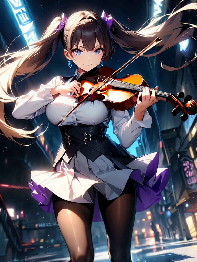(masterpiece, best quality, ultra HD, 8k, wallpaper), cinematic view, full body view, side view, perfect body, perfect anatomy, curvaceous body, alluring, perfect hands, perfect eyes, detailed eyes, long round legs, round ass, amidst the glowing skyscrapers and serene city lights, a remarkable scene unfolds - a young female violinist stands elegantly, (her radiant presence exuding confidence as she skillfully plays her violin), the warm breeze gently sweeps through her long, flowing hair and sheer sleeves, swaying with her movements, the dress is a celestial masterpiece, adorned in a captivating shade of deep emerald green, reminiscent of lush forests and enchanted landscapes, it features intricate constellations and delicate musical notes, adding a touch of mystery and allure, the off-shoulder neckline and sheer bell sleeves exude grace and elegance, while golden beading glimmers like stars, enhancing its magical charm, this enchanting dress is perfectly suited to complement the beauty of a red-haired violinist, creating a mesmerizing harmony between her fiery locks and the celestial hues of the garmentknee-high leather boots in a complementary shade of blue exude sophistication as she gracefully captivates the audience with her enchanting music, around her neck, a dainty silver violin-shaped pendant symbolizes her love for the instrument, the backdrop features a harmonious blend of modern architecture and lush greenery, with neon lights reflecting off the towering skyscrapers and a touch of nature through rooftop gardens and hanging plants, as dusk descends, the city's lights begin to twinkle, and stars emerge in the dusky sky, creating an enchanting ambiance, the soft, warm illumination from street lamps and surrounding city lights accentuates her elegance, while her melodious music weaves harmony and tranquility throughout the bustling metropolis, inviting viewers to immerse themselves in this captivating world of art and music