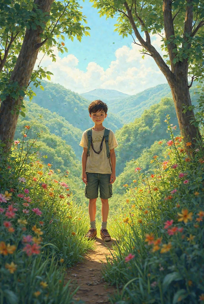 Victor a little 3-year-old boy with brown wavy hair in green pants and a white shirt with a blue backpack and white sneakers strolling in the forest with trees and flowers --auto --s2