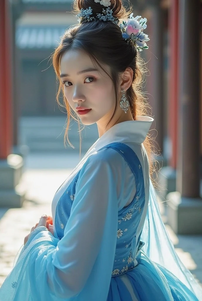 (a detailed, beautiful Chinese girl in a dramatic dynamic pose, wearing the traditional Hanfu, made with silk fabric, cowboy shot, the most beautiful form of chaos, looking at the audience, elegant, fauvist design, bright colors, (best quality, 4k, 8k, highres, masterpiece:1.2), ultra-detailed, (realistic, photorealistic, photo-realistic:1.37), HDR, UHD, studio lighting, ultra-fine painting, sharp focus, physically-based rendering, extreme detail description, professional, vivid colors, bokeh, portraits, concept art, fractal art:1.3, atmospheric, SFW.)
