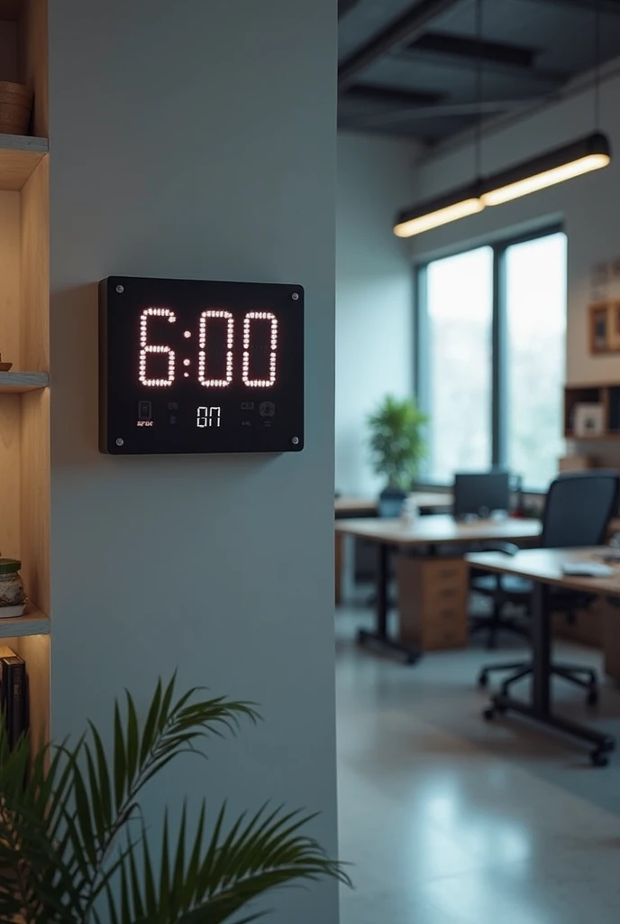 Digital alarm clock, with alarm at 06:00 a.m. On the wall of an office