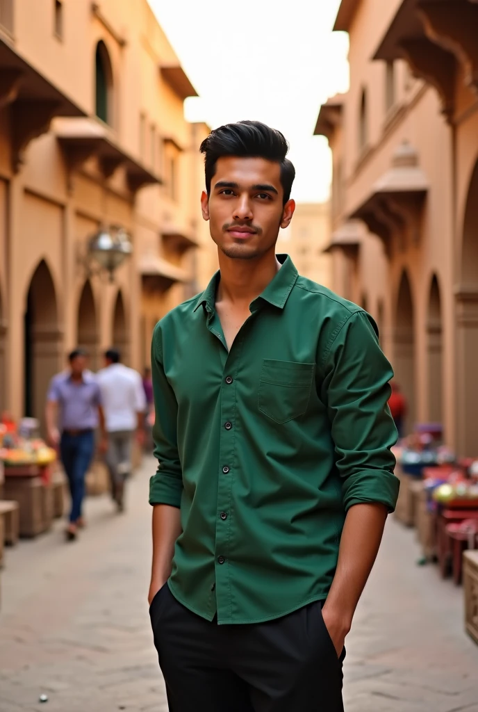 A tall young man with a fair skin tone, wearing a green shirt and black pants. He has neatly styled black hair and a confident expression. His posture is relaxed yet stylish, with a slight smile as he looks ahead. The background is a traditional Rajasthani street with historic havelis, featuring intricate carvings, warm sandstone colors, and arched windows. The street is lively, with cultural elements like traditional lamps, a decorated camel in the distance, and a vendor selling Rajasthani handicrafts. The lighting is warm, suggesting late afternoon or early evening, enhancing the golden hues of the surroundings. Full-length portrait."hair to shoes visible animation man some far