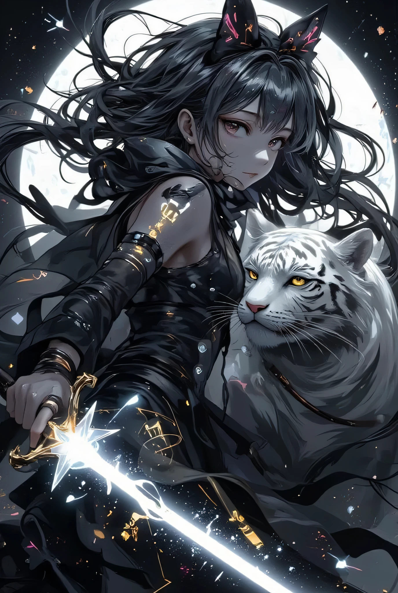 (EyesHD:1.2), masterpiece, best quality, ultra-detailed, very aesthetic, sharp focus, depth of field, vibrant colors, ray tracing, best lighting, detailed illustration, detailed background, cinematic, beautiful face,beautiful eyes,
1lady,(((dark gray hair,black eyes))),ninja,kunoichi,holding a sword,beauty white sword,glowing sword,
jumping,action pose,dynamic pose, searing beams,
black and white background,full moon,
cool,white tiger, from side,