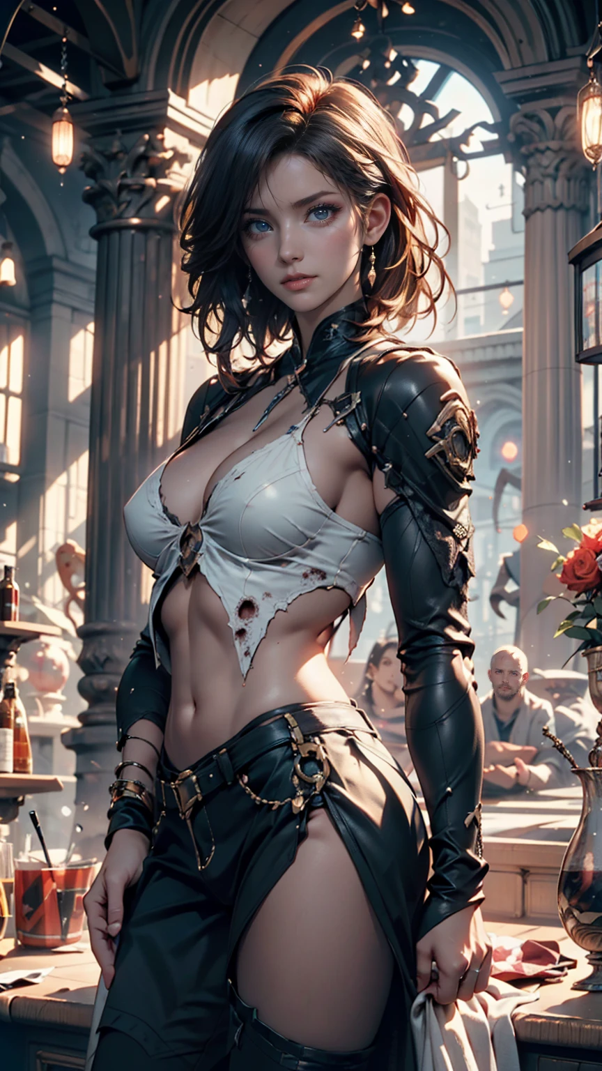 striated hair, asymmetrical bangs, side locks, crystal hair, Shiny hair, Hair Ribbon, anchor choker, skull hair ornament, crystal earrings, red blush, (Very shiny skin), (very juicy skin), Cinematic lighting, spark of light, reflective light, drop shadow, Best Quality, masutepiece, Anatomically correct, Textured skin, Super Detail, hight resolution, 8K