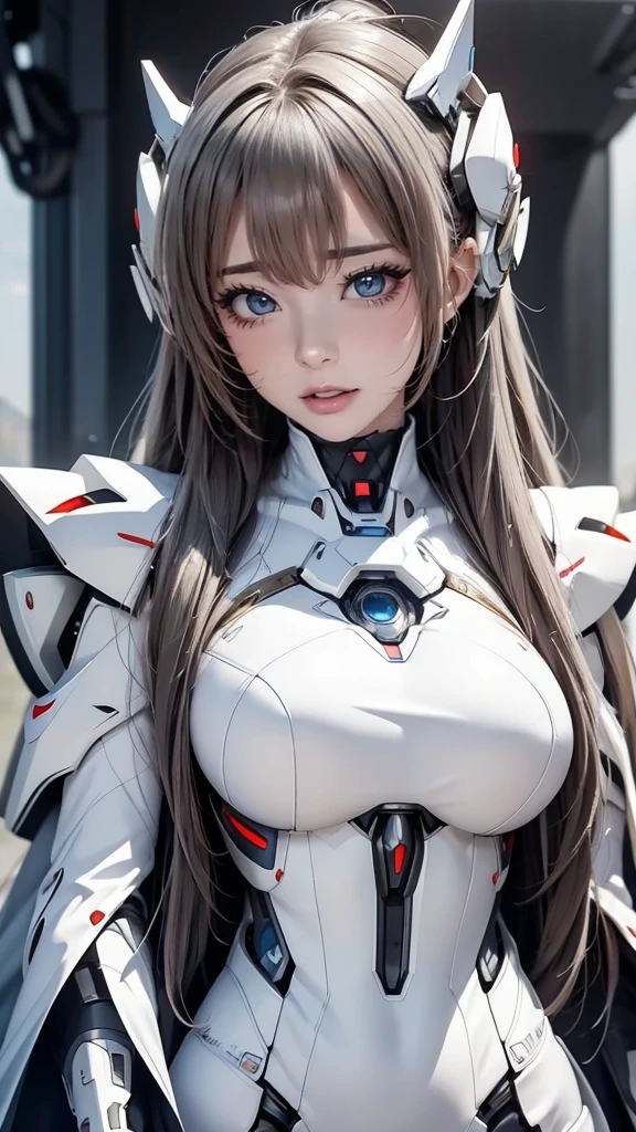 ((1girl:1.5),(embroidered cybernetic body:1.5),large breast,(mecha armor:1.5)),(Highest image quality, outstanding details, ultra-high resolution, (realism: 1.4), the best illustration, favor details, highly condensed 1girl,(Sense of presence:1.5),(Dynamic:1.5),(bold:1.5)),(thin hair:1.8),(straight hair:1.5),(Swept long bangs:1.5),(extra light coppery amber hair),((hair over one eye:1.2)),stretching,the background is a high-tech lighting scene of the future city
