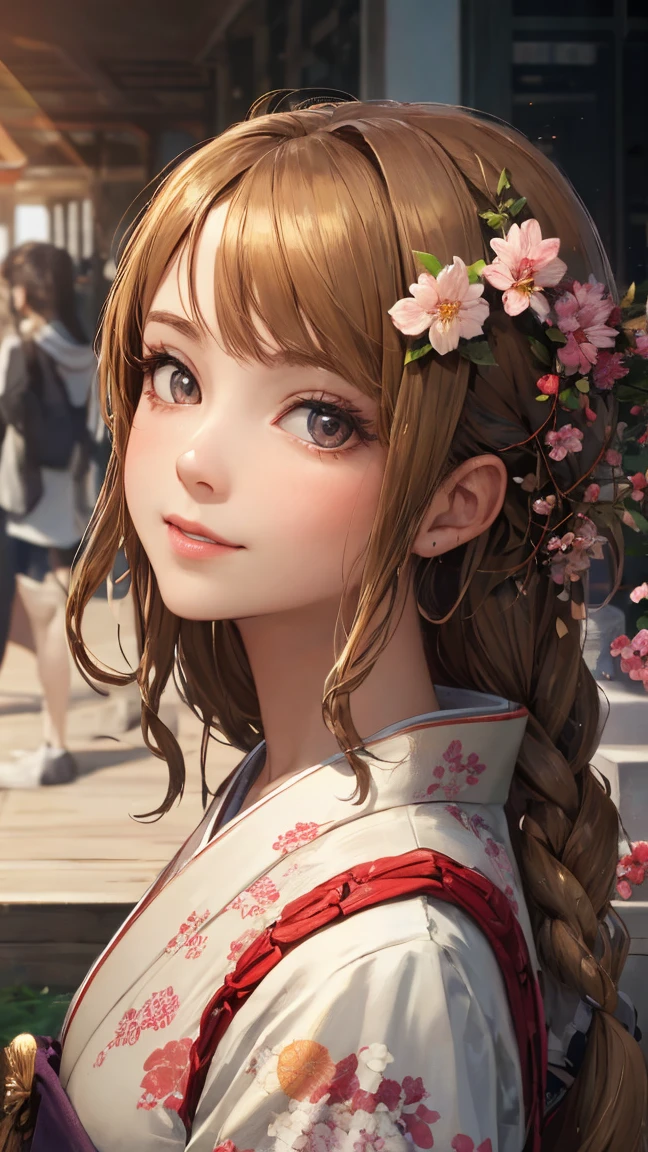 1 girl, solo, kimono, Doll's Festival,Hi-Res, long hair,, Gold, smile,Hindyman, cherry blossoms、Indoors in the morning、sunshine, ribbons, widescreen,animation style