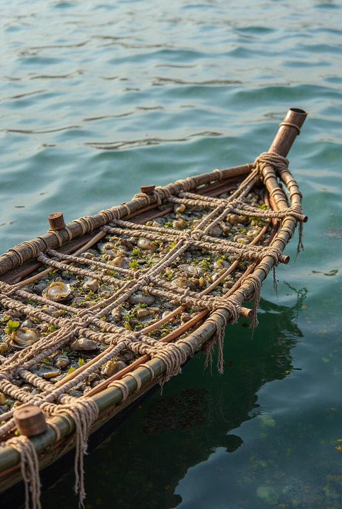 A raft line made of bamboo that cultures
 oyster 