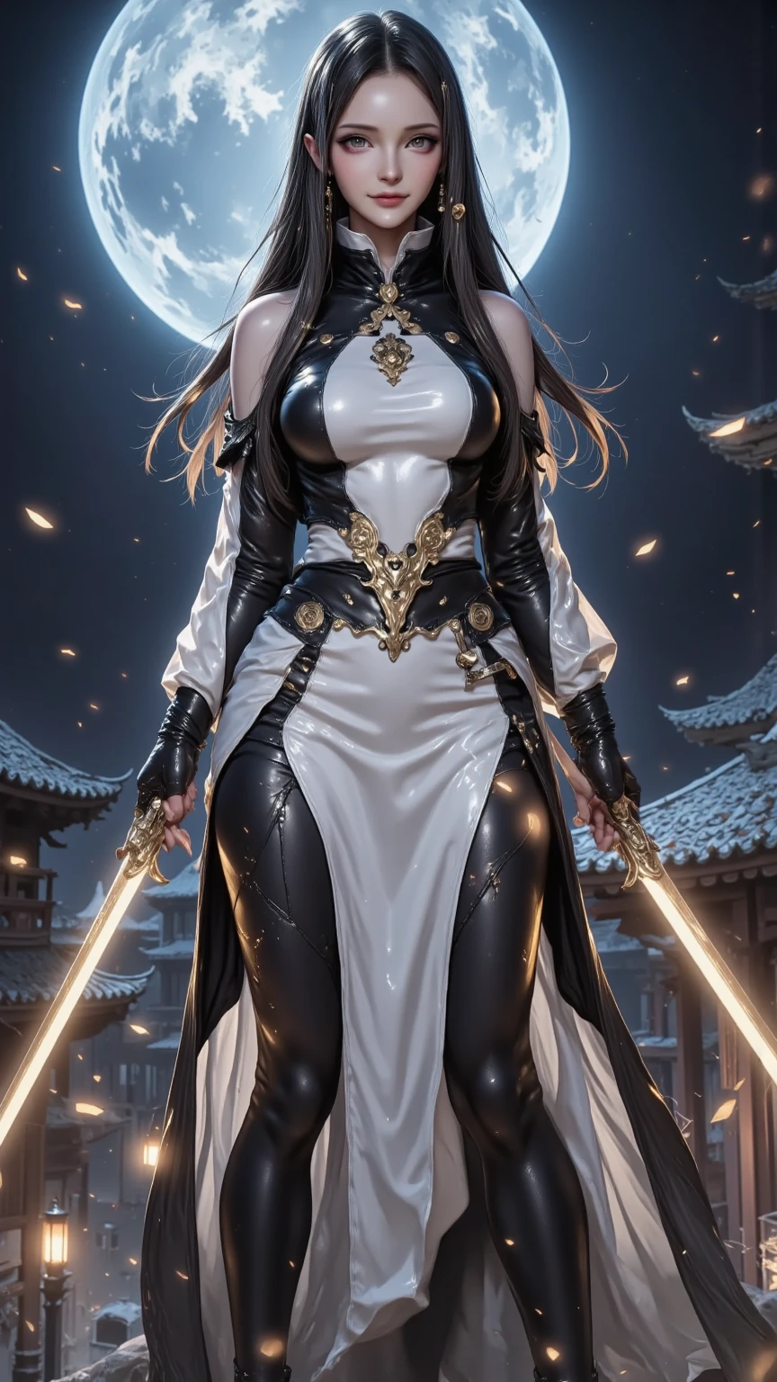 ((((High resolution, Intricate details, masterpiece, 8k)))), (((beautiful, Lightsabers))), ((One Woman, full body, Are standing)), (Black Hair, Long Hair, ponytail, slender), from front, looking at viewer, look at viewer, smile, desert, night, moon,