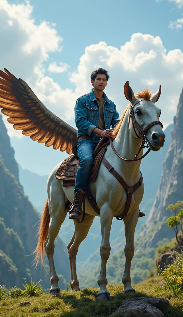 young handsome beautiful white skin skinny soft skin cowboy with a sunflower in his hand in the sunflower field without a shirt a winged horse next to him